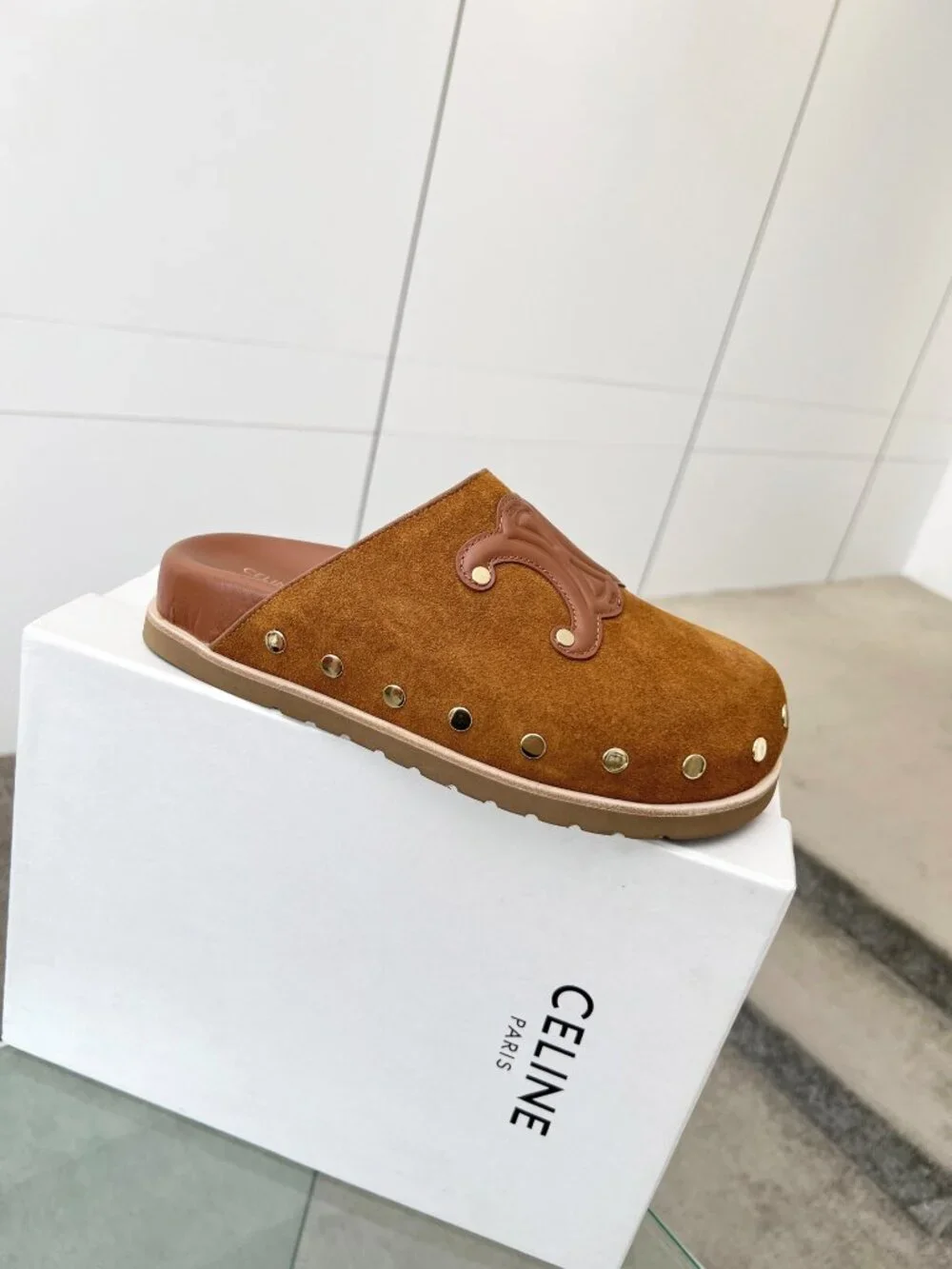 CELINE Calfskin Leather Triomphe Embossed Mules Slides Slippers - Picture 8 of 8